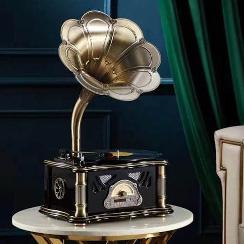Vintage Gramophone Record Player, Bluetooth Turntable for 7/9/12 Inch Vinyl, 3 Speed Hi-Fi Sound, Handcrafted Pure Oak Retro Gramophone (Black)