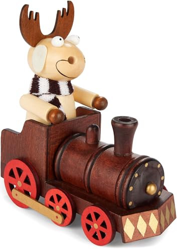 BRUBAKER Räuchermännchen aus Holz - Elch mit Schal und Lokomotive - Rauchfigur Tischdeko für Weihnachten - Räucherelch Dekofigur - Deko Räuchermann Eisenbahn Weihnachtszug