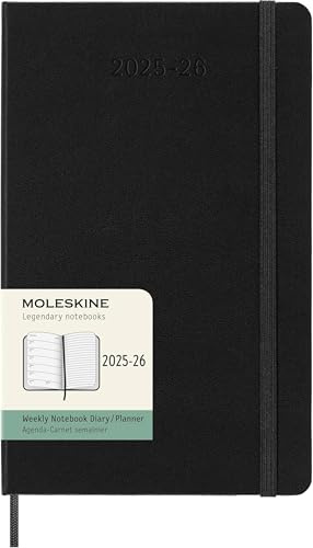 Moleskine Weekly Planner 2025-2026, Agenda Semanal 18 Meses Con Espacio para Notas, Tapa Dura y Cierre Elástico, Formato Grande 13 x 21 cm, Color Negro