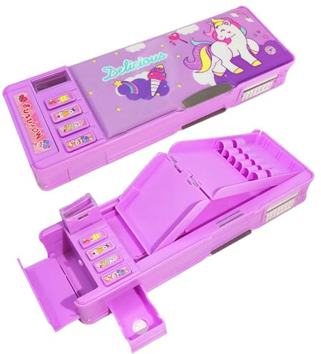 LilyBeauty Multifunktionellt popup-fodral för flickor och pojkar, söt tecknad pennorganisatör (endast rosa har lås) pennvässare schema whiteboard tillbehör, Lila 2, Caton