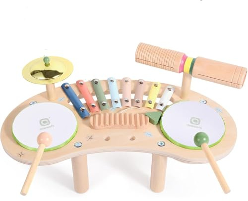 Asweets Tambor Infantil de Madera 7 En 1 para Niños Pequeños, Kit de Xilófono Juguete Musical Montessori Infantiles, Regalo de Cumpleaños de 3+ Años
