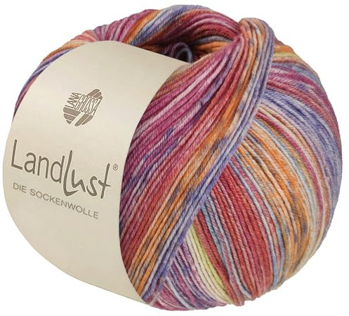 LandLust die Sockenwolle Seide 335 - Orange/Grau/Zitrusgelb/Hellblau/Blau/Violett/Fuchsia/Hellrot Gestreift