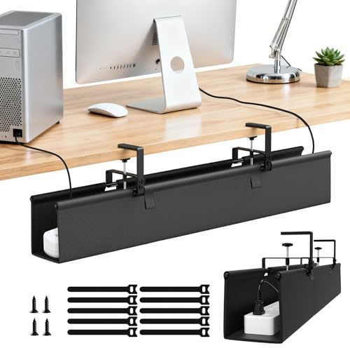 Gvdeirn Under Desk Cable Management Tray Black 90cm,No Drill Tidy Tray for Wire Management,PC Cord Hiders,Clamp/Screw Mount Cord Organiser Desk,Waterproof Basket for Office & Home