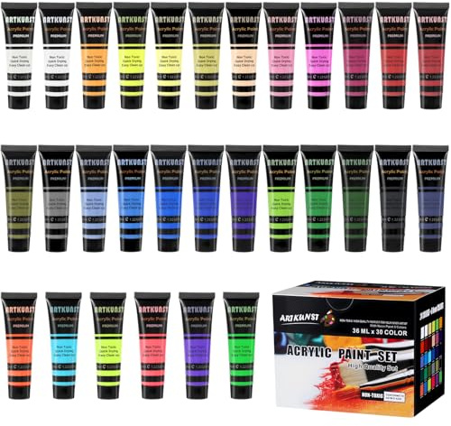 ARTKUNST Acrylic Paint Set, Paints 30 Colors x 36 ml, High Viscosity with Strong Coverage, Non-Toxic, for Canvas, Wood, Paper, Fabrics
