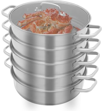 Olla a presión de acero inoxidable, 30 cm, 5 niveles con tapa de cristal, acero inoxidable 304, apilable, para inducción y cocina de gas, olla de vapor multicapa para verduras, pescado, dim sum y