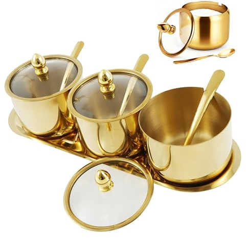HMDIUM Sugar Bowl Set - 3 Grid Condiment Jars with Glass Lids & Spoon Stainless Steel Canisters with Tray for Sugar, Spice, Salt - Stylish Kitchen Storage Containers