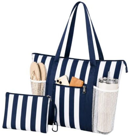 TAHAVICE Waterproof Beach Bag for Women - Large Holiday Beach Tote Bag with Zip & 6 Pockets and Wet Compartment, Lightweight Family Reusable Bags for Travel Pool, 35L