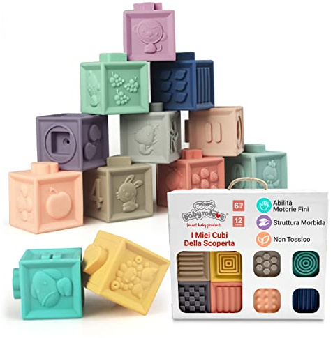 BabyToLove cubi educativi sensoriali | Cubi impilabili morbidi Montessori neonato 0-12 mesi | Giochi montessori 6 mesi per motricità fine e apprendimento | Gioco educativo prima infanzia