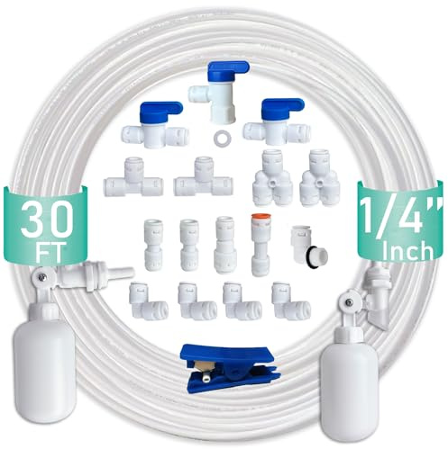 ESHIONG NSF Certified 1/4 O.D. Push to Connect Fittings for RO (Reverse Osmosis) Water Filter（with water float ball valve）19 pcs+30 feet 1/4 Water tubing.