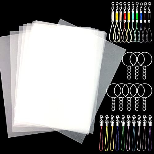 NICAVKIT 70Pcs papiers de Films rétractables pour Bricolage avec 20pcs A4 Papier thermorétractable Transparent Plastic Fou/Feuilles RéTractable Plastique, et 50pcs d'accessoires de Porte-clés