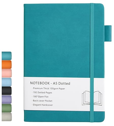 Cuaderno de puntos, A5, tapa dura, con papel grueso de 100gsm, bolsillo interior, banda elástica, cubierta de piel sintética, 192 páginas, 14,5 x 21,3 cm