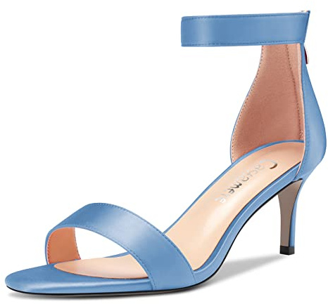 Castamere Femmes Aiguille Kitten Talon Heel Ouvert Bout Lanières Cheville Sandales Classique Cute Dress 6 CM Heels Bleu Clair Satin 44 EU