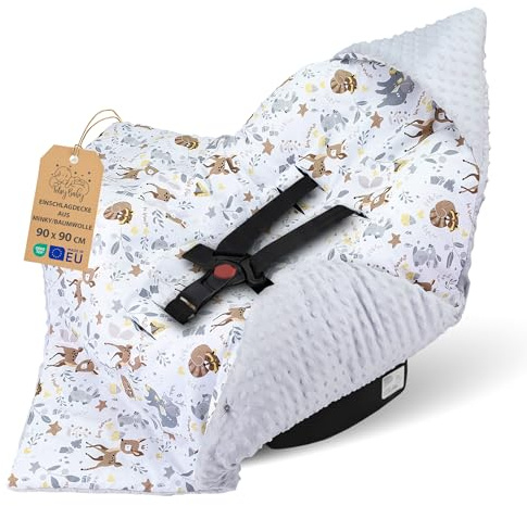 Arrullo para silla de coche y silla de paseo – suave manta Minky bebé reversible con capucha para recién nacido – uso Invierno fuera de casa 90×90 cm Ciervo Gris Claro Oeko-Tex