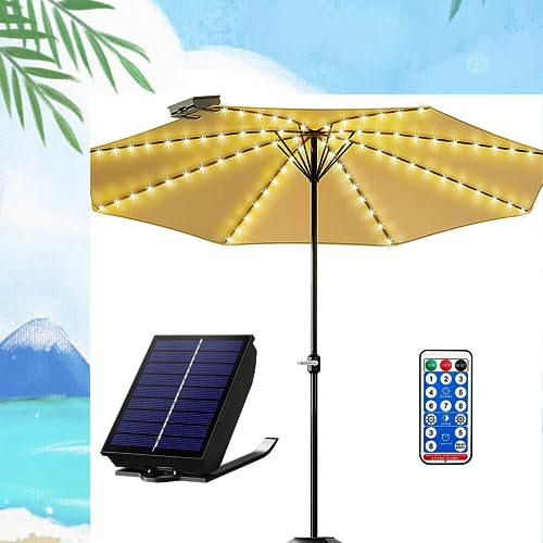 Solar Parasol Lights with Remote, Clip and Plug Stand, Garden Umbrella String Lights, Type-C Rechargeable Waterproof Umbrella Lights for Patio Garden Outdoor Decor, Warm White (1 Pack)