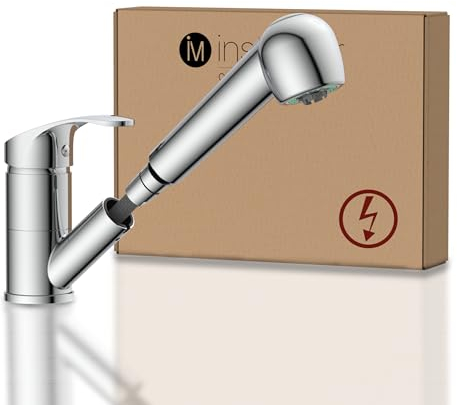 Instmaier K2 Robinet Cuisine Basse Pression | Extensible et Orientable | Robinet d'Évier avec Douchette | Mitigeur Monocommande avec 2 Types de Jets | Fini Chrome