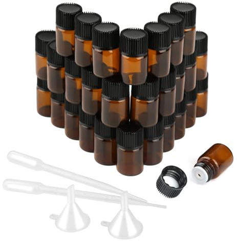 RVLZKCPG 30 Pcs Amber Flacon Verre, 2ml Flacon Huile Essentielle Vide, Mini Bouteille Verre avec 2 Mini Entonnoirs 2 X 1ml Burette pour Huile Essentielle, Parfum, Massage