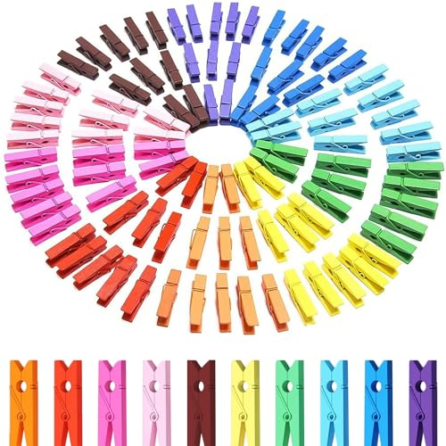 luckaide Wäscheklammern Holz, 100 Stück Mini Bunt Holzklammern, Mini Wäscheklammern Holz Klein, Kleine Klammern für Fotos Aufhängen, Natur Kleine Holzklammern für Bilder Collagen Postkarten Geschenke