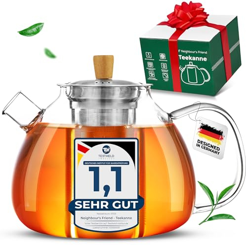 Neighbour's Friend 1,5 l Teekanne Geschenkbox für losen Tee & Teebeutel - Teekanne Glas mit Siebeinsatz groß tropffrei - 3-teiliges Edestahl-Sieb mit Bambusdeckelgriff - Spülmaschinengeeignetes Glas