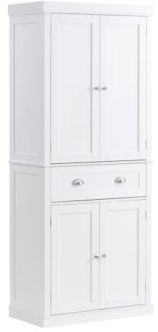 VEVOR 72 Kitchen Pantry Storage Cabinet, Freestanding Utility Cabinets with Doors, Drawer and 3 Adjustable Shelves, Tall Food Buffet Pantries for Kitchen, Living Room, Dinning Room, Laundry, White