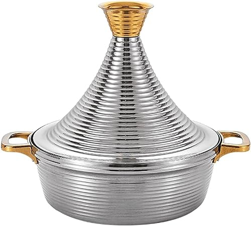 Vinbcorw Tajine marocain, Acier Inoxydable 304, cocotte Marocaine antiadhésive avec 2 poignées, Grande marmite à tajine Faite à la Main avec Couvercle en Forme de cône,Argent,26cm