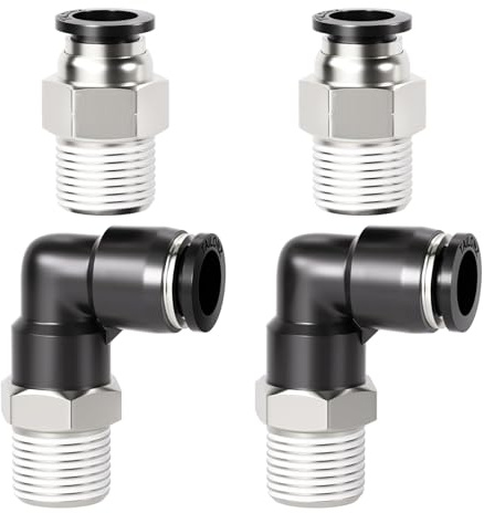 TAILONZ PNEUMATIC Raccords coudés et droits pour tubes de 12 mm de diamètre extérieur et filetage BSP de 1/4 de pouce PC12-02+PL12-02(Lot de 4)