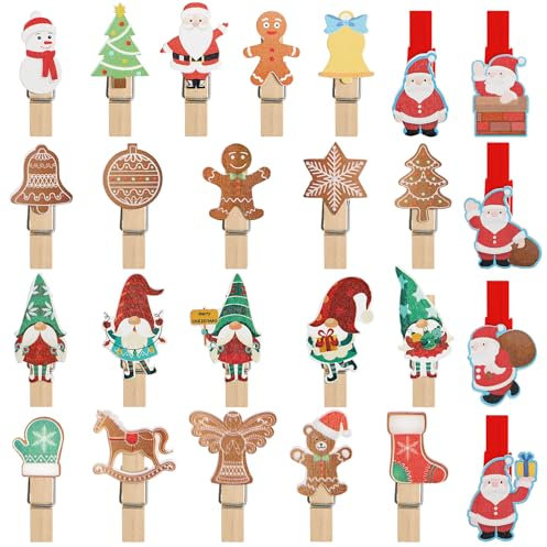 50pcs Mini Pinces à Linge Noël Clips Photo en Bois de Noël Pinces Décoratives Noël avec 5pcs Corde Décoration pour Mur Photo Noël Sapin de Noël