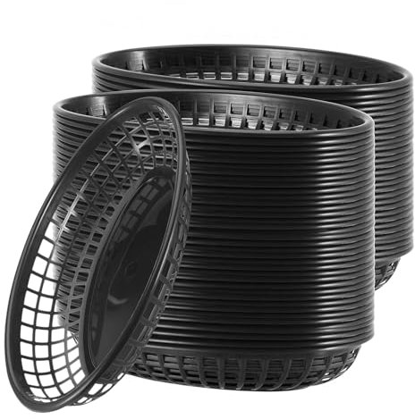 FAAING Lot de 60 corbeilles ovales en plastique - Style rétro - Noir - 22,5 x 14 x 4 cm - Pour frites, hamburgers, deli, sandwiches