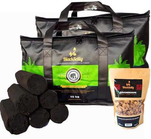 BlackSellig Briquetas de barbacoa de coco de playa XXL, carbón puro para barbacoa, respetuoso con el medio ambiente, sin humo, tiempo de combustión extralargo, barras de 20 kg XXL + 360 g de chips