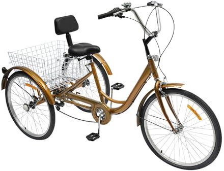 MccoMMon 24-Zoll-Dreirad für Erwachsene, 6-Gang 3-Rad-Fahrrad, Senioren-Dreirad mit Korb (gelb mit Licht)