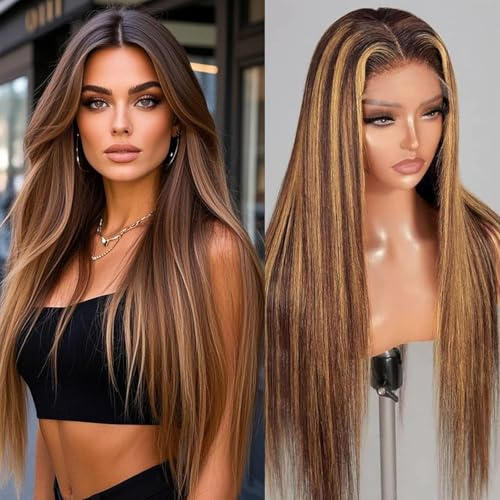 13x6 Synthetic Lace Front Wig - Glueless Ready to Wear 26 Synthetic Wigs for Black Women, Pre-Plucked Baby Hair Heat-Resistant Brown Blonde Highlights Wig Beginner Friendly