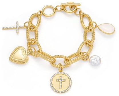TOVABA Bracelet Femme Or, Bracelet Doré avec Charms Croix, Cœur et Perle, Bijou Élégant pour Femme