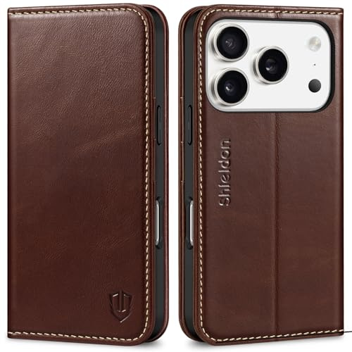 SHIELDON Case Wallet for iPhone 17 Pro 6.3-inch | Genuine Leather | Foldable Design | Magnetic Closure | RFID Blocking Card Holder | Kickstand | Drop Protection Phone Cover | Retro Coffee