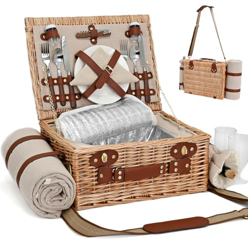 Picnic Basket with Blanket and Wine Pouch for 2, Wicker Picnic Set with Insulated Liner Cooler Bag Hamper for Camping,Wedding - Natural