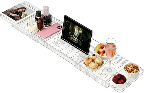 Bath Caddy Tray, Acrylic Expandable Bath Shelf for Across The Tub, Fits Most Baths, Transparent Spa Bath Board with Non-Slip Design, Perfect Home Spa & Relaxation Gift