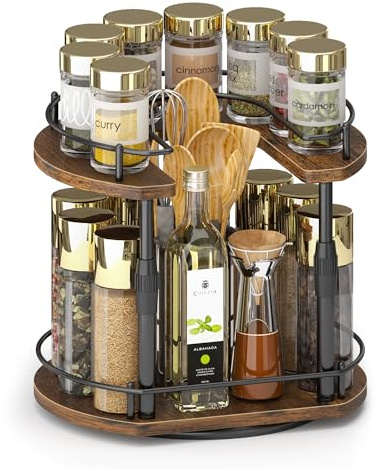 Across-Star Lazy Susan Spice Rack Organizer For Cabinet With Adjustable Height, 12 inch Rotating Countertop Seasoning Organizer For Tall Bottle, 2-Tier Spining Turntable Spice Holder For Pantry
