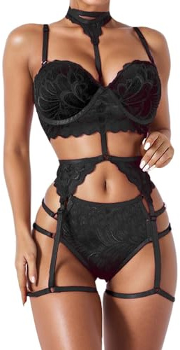 Generisch Ensemble de lingerie en dentelle pour femme avec porte-jarretelles, Noir , S