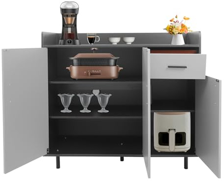 Wiyuer Armadio da cucina con un cassetto e tre ante in pannello di densità, portata 60 kg, 100 x 34 x 92 cm, grigio, nero, per cucina, stoviglie e forno a microonde