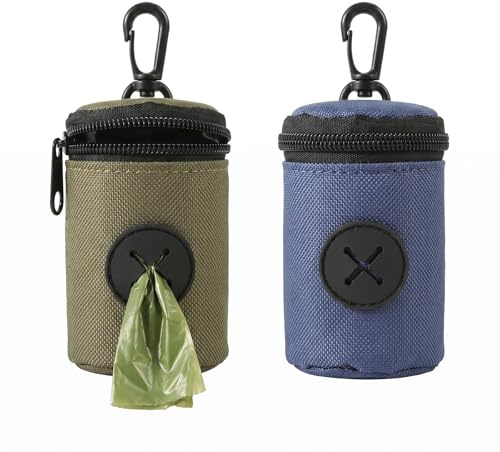 2 Pièces Distributeur Sac à Crottes Chien, Porte-Sac de Déjection Canine en Tissu avec Mousqueton, Sac à Caca pour Chien Portable pour Promenade, Randonnée et Dressage, Vert et Bleu