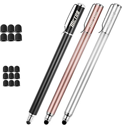 METRO 2 in 1 Penna Capacitiva Universale Touchscreen Precisione + 15 Punte in Gomma di Ricambio per Smartphone e Tablet iPads iPhone - Oro Rosa + Argento + Nero