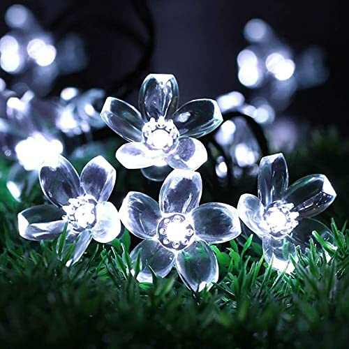 KINGCOO Guirlande Lumineuse Solaire Fleur Jardin, Étanche 23ft 50LED Fleur de Pêche Cerisier Solaire Fée Lumière pour Exterieur Interieur Mariage Fête Noël Cour Éclairage Décoration (Blanc)