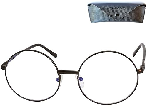 Hippie rund blåfilter läsglasögon med stora linser, fodral, anti-blåljus brille i 60-talsstil metall (brun), blåljusfilter glasögon för damer och herrar +1.5 dioptrier