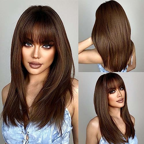 HAIRCUBE Parrucche lunghe marroni per donna, parrucche sintetiche con frangia Parrucche resistenti al calore Parrucca marrone mista radice nera Usura quotidiana