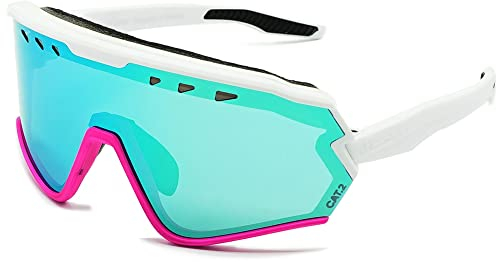 Phieres Sharkbiteph Origin - Sportbrille für Damen und Herren mit UV 400 Protektion und polarisierten Gläsern in Matt Weiß Pink/Eisblau