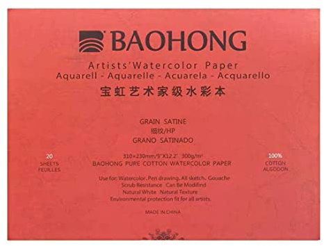 BAOHONG Artists' Watercolor Paper Block (20 Sheets, glued on Four Edges), 100% Cotton, Acid-Free, 140LB/300GSM, Watercolor Art Supplies for Wet, Dry, and Mixed Media Painting (HOT Press 9X12.2)