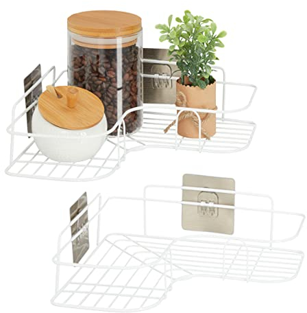 Relaxdays 2 x Eckregal Küche, zum Kleben, Aufbewahrung, Gewürze & Kräuter, Wandregal HxBxT 5,5 x 26 x 26 cm, Eisen, weiß