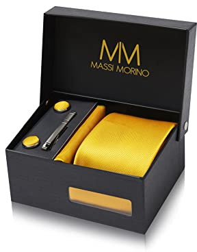 Massi Morino Krawatte Gelb mit Einstecktuch Set Herren inkl. Manschettenknöpfe, Krawattennadel und Geschenkbox | Männer Krawattenset zur Hochzeit