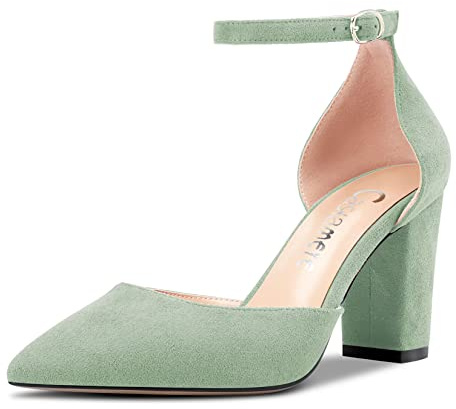 Castamere Mujer Chunky Ancho Alto High Heel Puntiaguada Punta Pumps Correa Tobillo Cierre con Hebilla de Boda Fiesta Sexy 8.5 CM Heels Verde Claro 38 EU