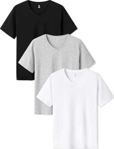 LAPASA Pacco da 3 Maglietta Uomo Cotone Elastico Premium Collo a V T-Shirt Maniche Corte Canottiera Morbida M06 Nero, Bianco, Grigio Chiaro S