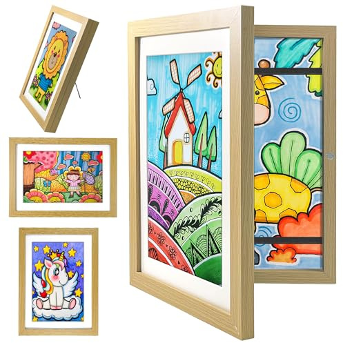 QUVBKZ Marco Dibujos Infantiles, Marco para Dibujos Niños, Marcos para Cuadros, Marco Madera A4, Exhibición Horizontal y Vertical para Casa Escuela Oficina
