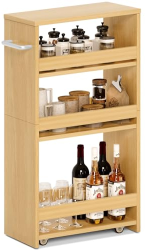 MARTY Rolling Storage Cart 7.9 W, 4-Tier Kitchen Cart with Wheels Handle, Slim Storage Cart Mobile Shelving Utility Carts for Bathroom Laundry Room Organization Narrow Places (Maple)